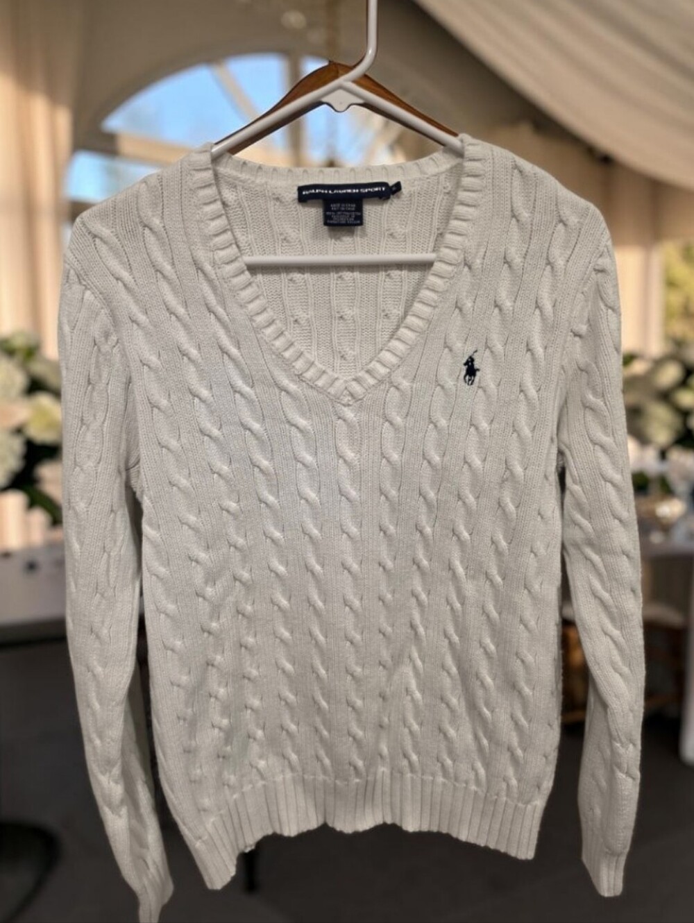 Ralph Lauren Women’s Cable-Knit V-Neck Sweater in White Size-XL